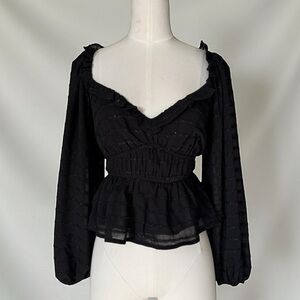 ASTR The label Peasant Style elastic Waist peplum black Shimmer Blouse - XS